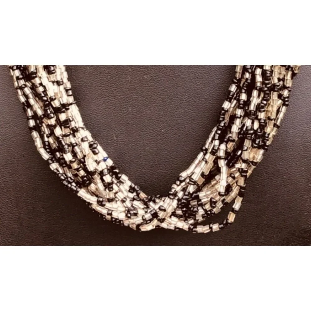 Handmade Multi Strand Silver Tone Black Bead and Silver Lined Hex Cut Seed Bead - Picture 2 of 4
